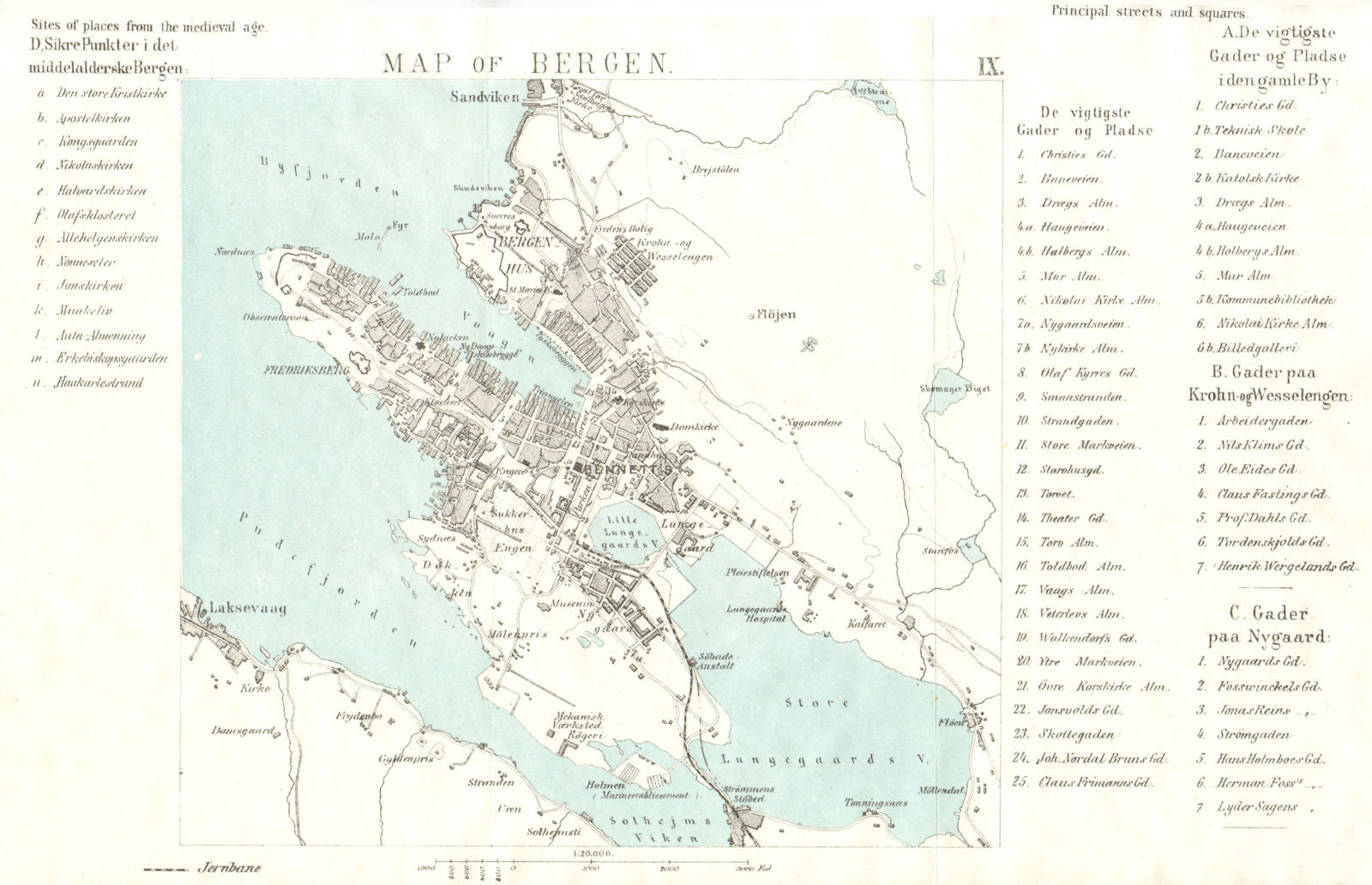 BERGEN antique town city map plan. Norway 1896 old chart